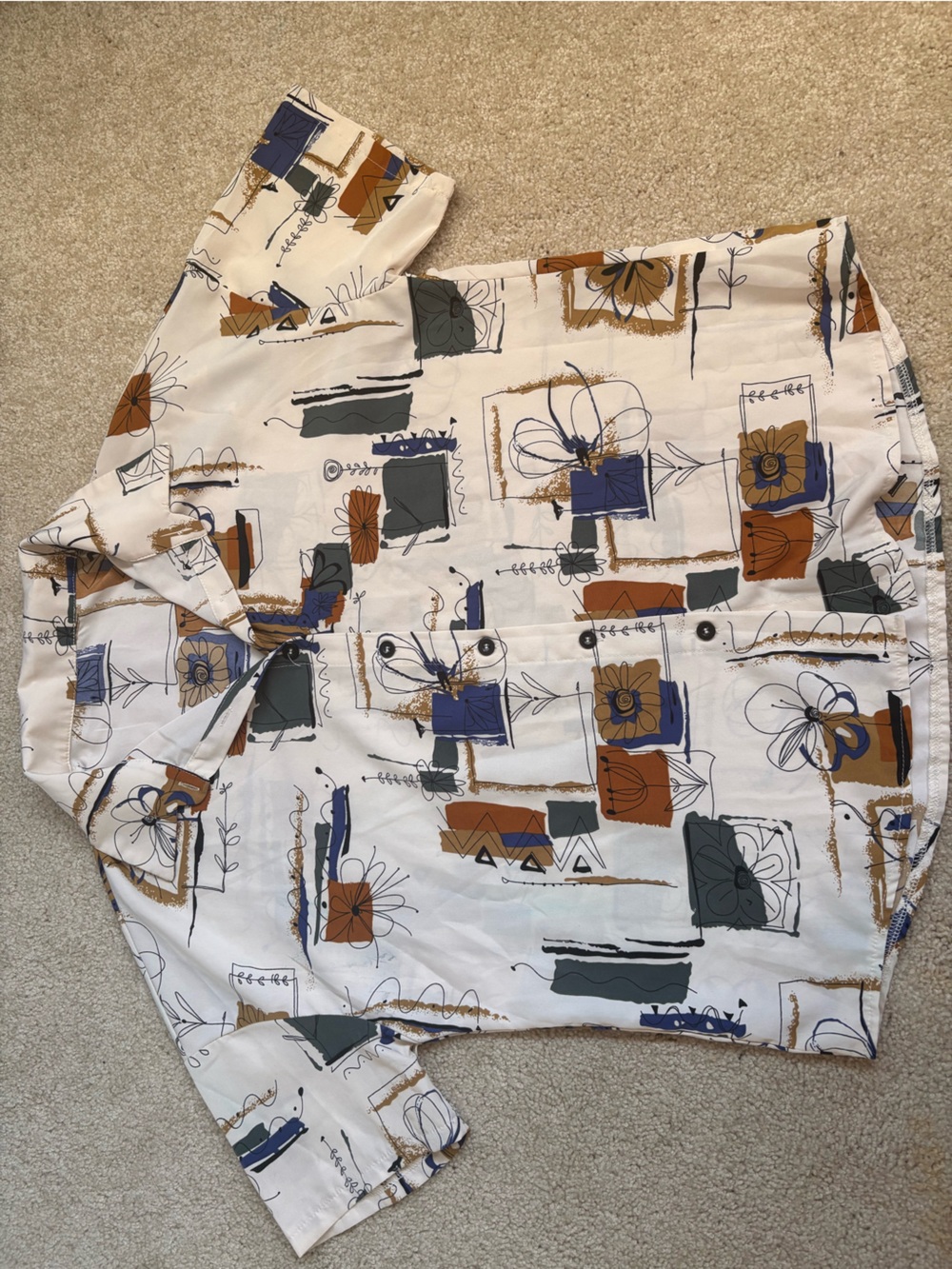 Women’s Short-Sleeve Patterned Shirt - Cream with Blue, Brown & Gray Accents